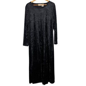 Vtg New Visions Black Crushed Velvet Goth Maxi Dress XL Scoop Neck Long Sleeve